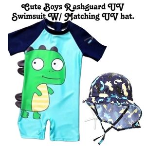 LITTLE BOYS 🦕 🦖 DINO RASH GUARD SWIMSUIT w HAT